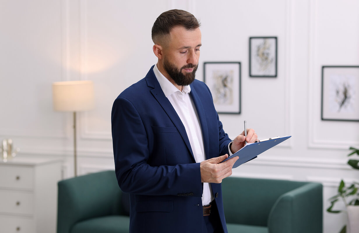 Real estate agent conducting an evaluation at a property.